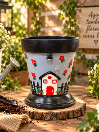Maceta Casita Noche pintada a mano